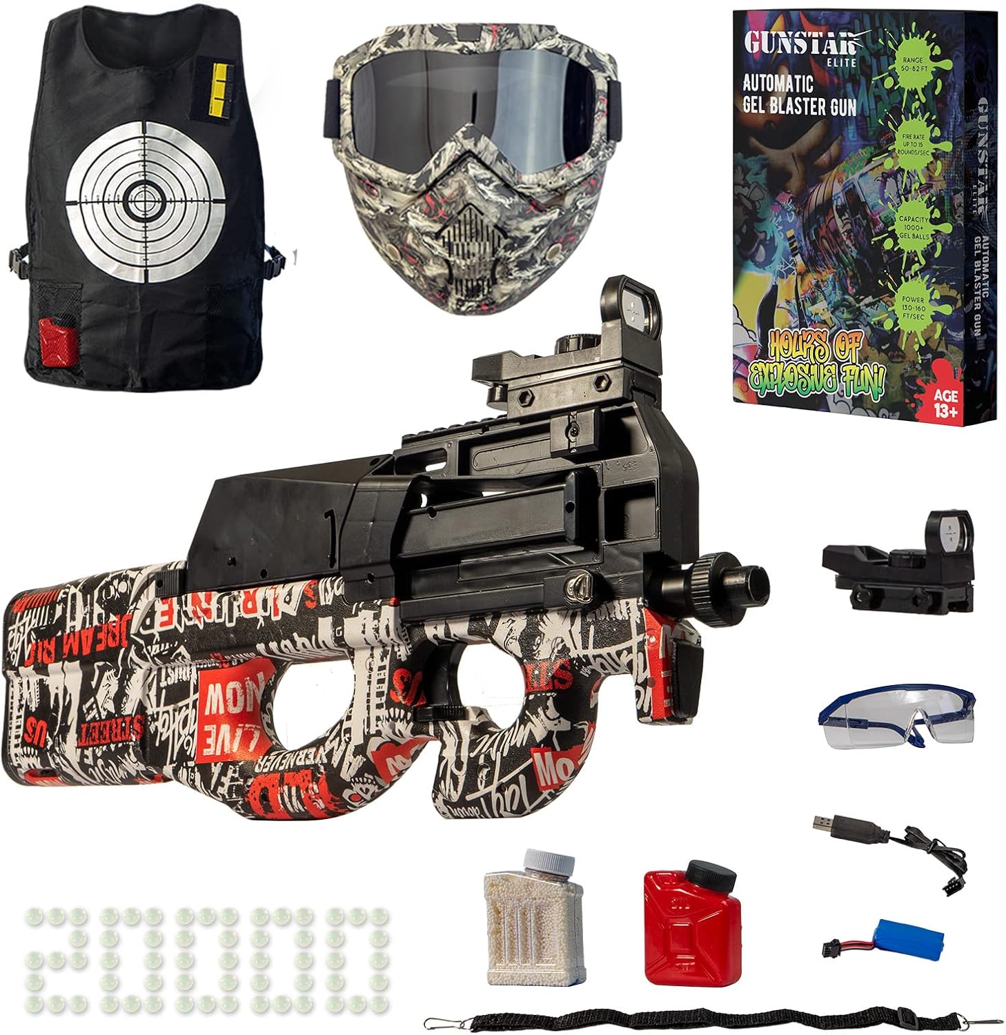 A complete gel blaster loadout laid out: a P90-style gel blaster, target vest, full-face mask, safety goggles, red dot sight, gel ammo, battery and charger
