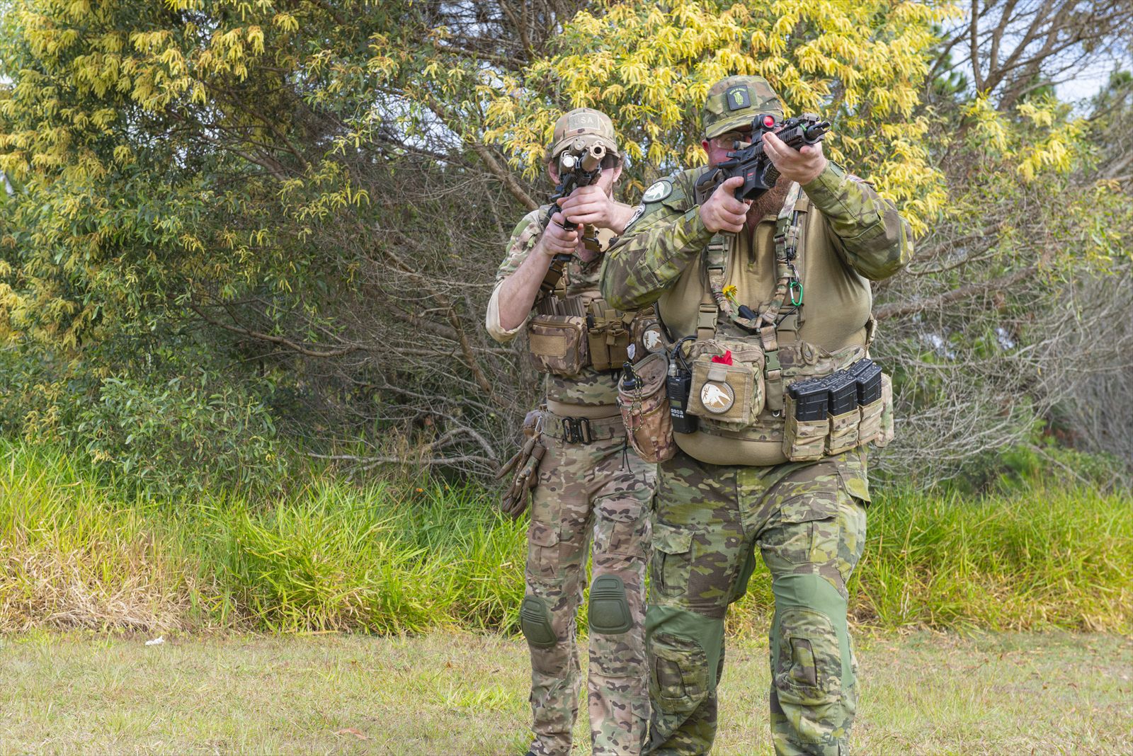 White Raven Milsim player engaging downrange
